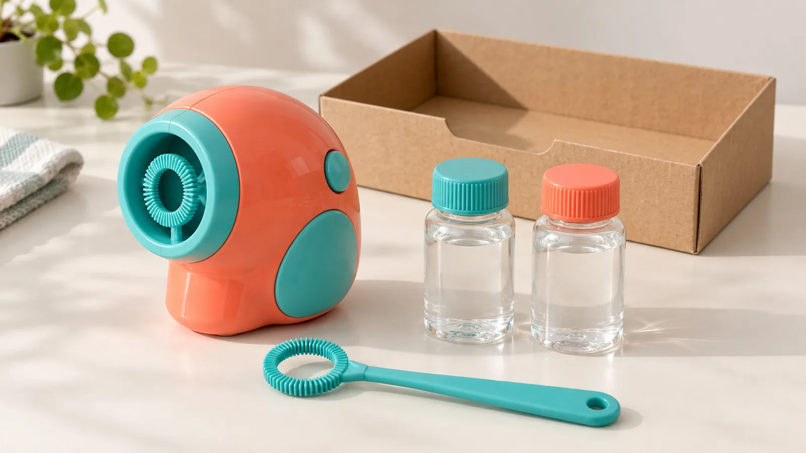 Bubbelspeelgoed, afzonderlijk staafje en flessen met dop met oplossing, gerangschikt om de component- en vulroutes te illustreren