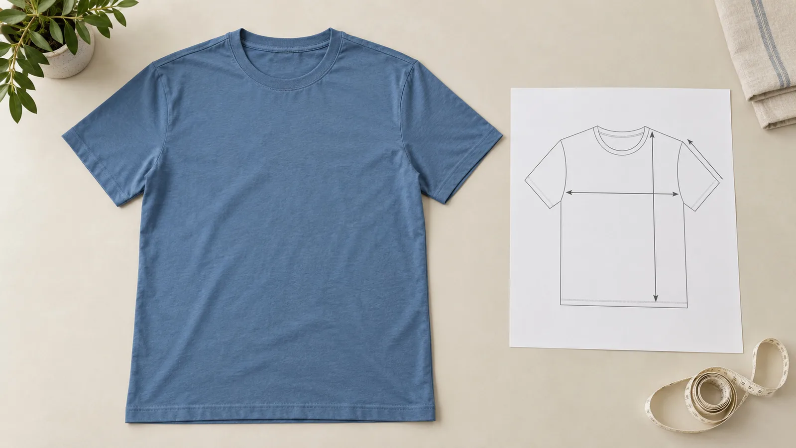 Effen T-shirt plat gelegd naast een schets van de maatvoering van een kledingstuk