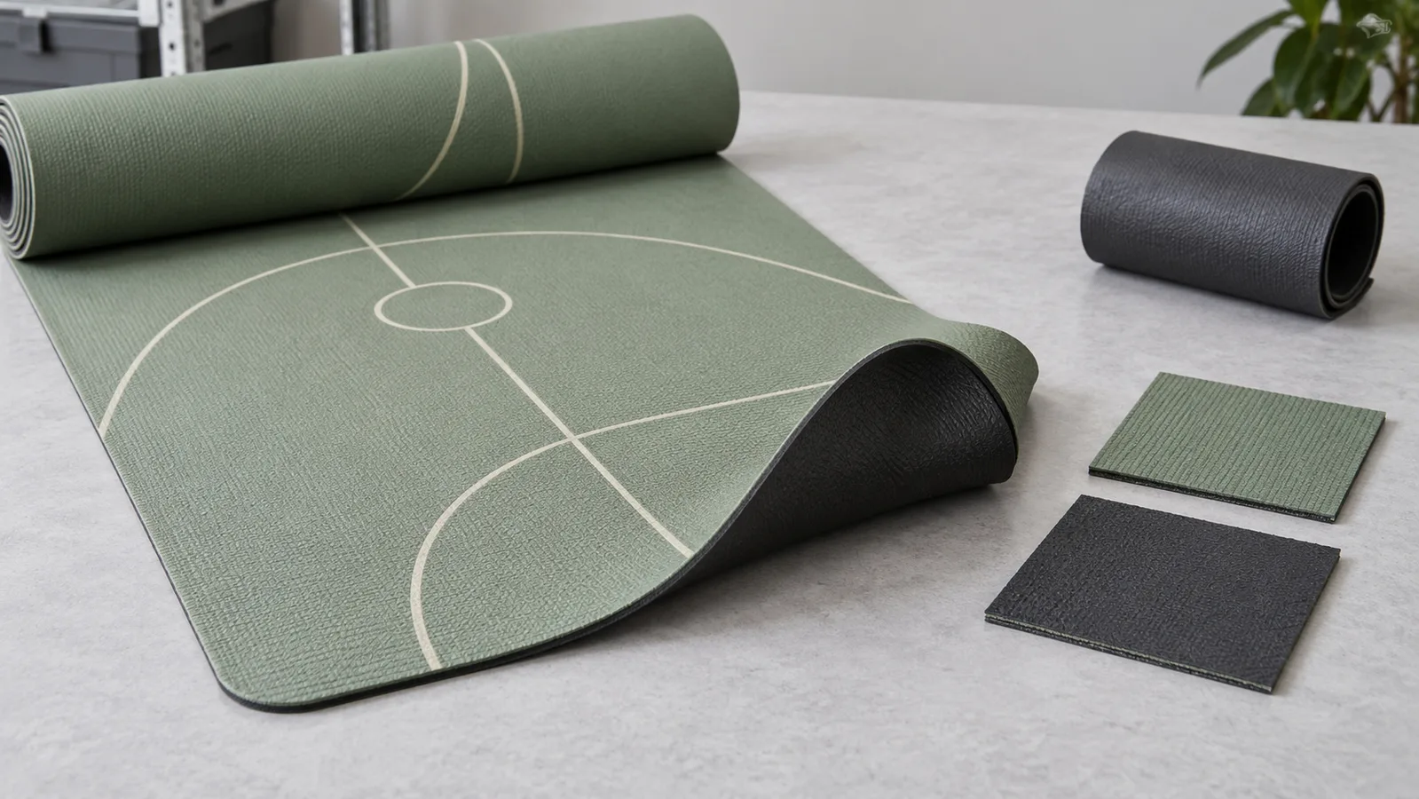 Bedrukte yogamat en afzonderlijke monsters van het basismateriaal, gerangschikt om een productieroute te illustreren