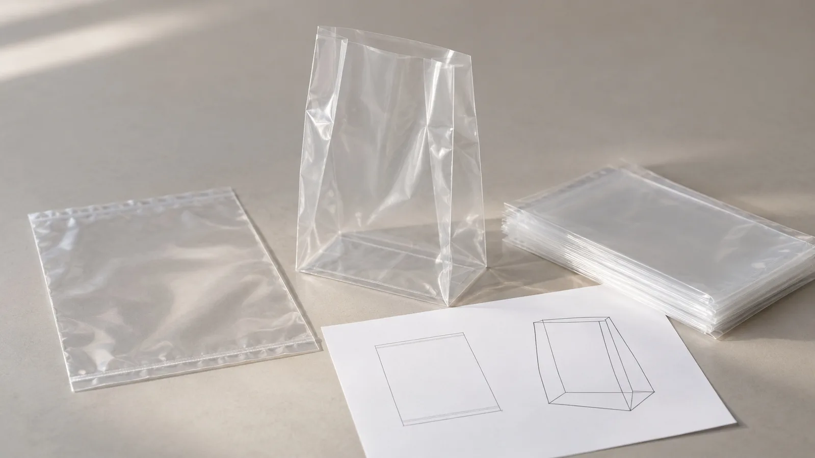 Duidelijke voorbeelden van platte plastic zakken en plastic zakken met zijvouwen naast een eenvoudige vormtekening