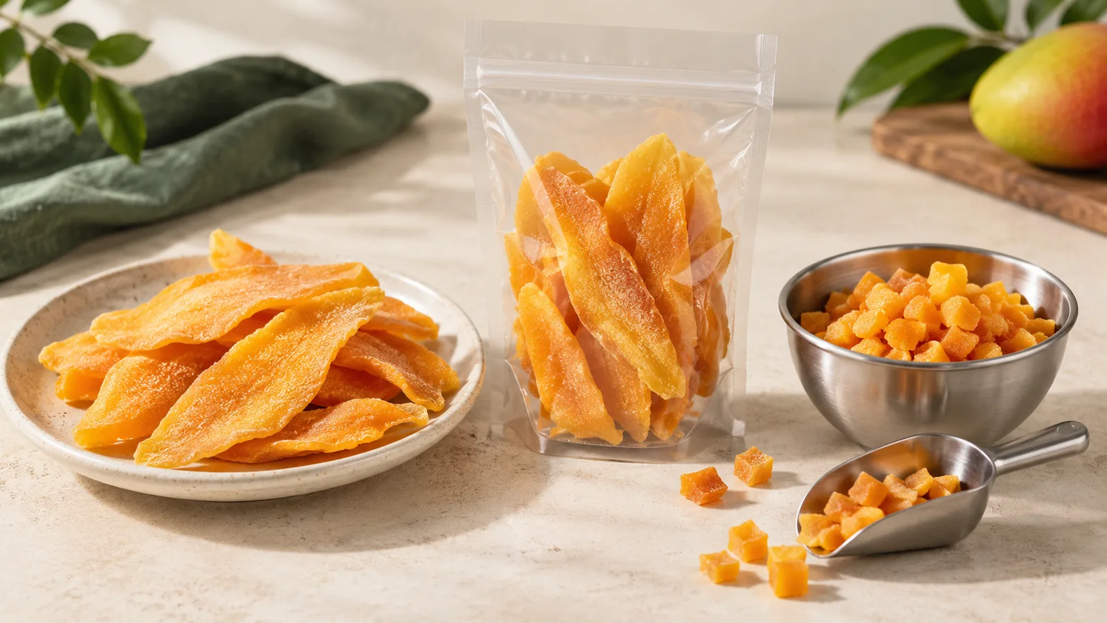 Gedroogde mangoschijfjes en in blokjes gesneden mango vergeleken als twee productspecificaties
