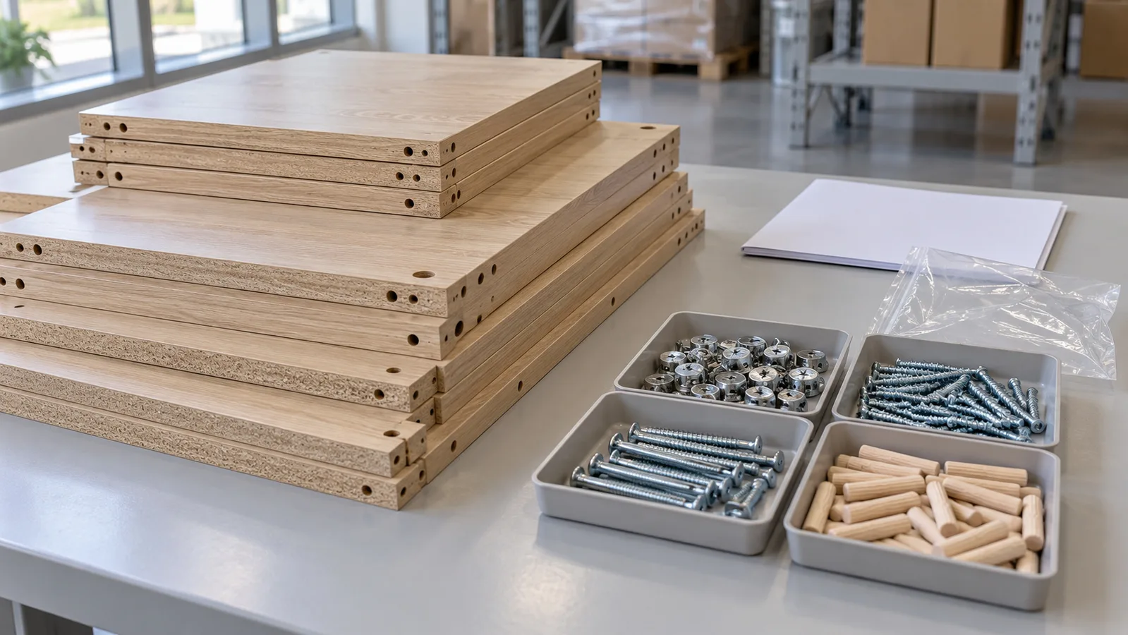 Flat-pack kastpanelen met gesorteerde hardware en een duidelijke instructiemap op een inspectietafel