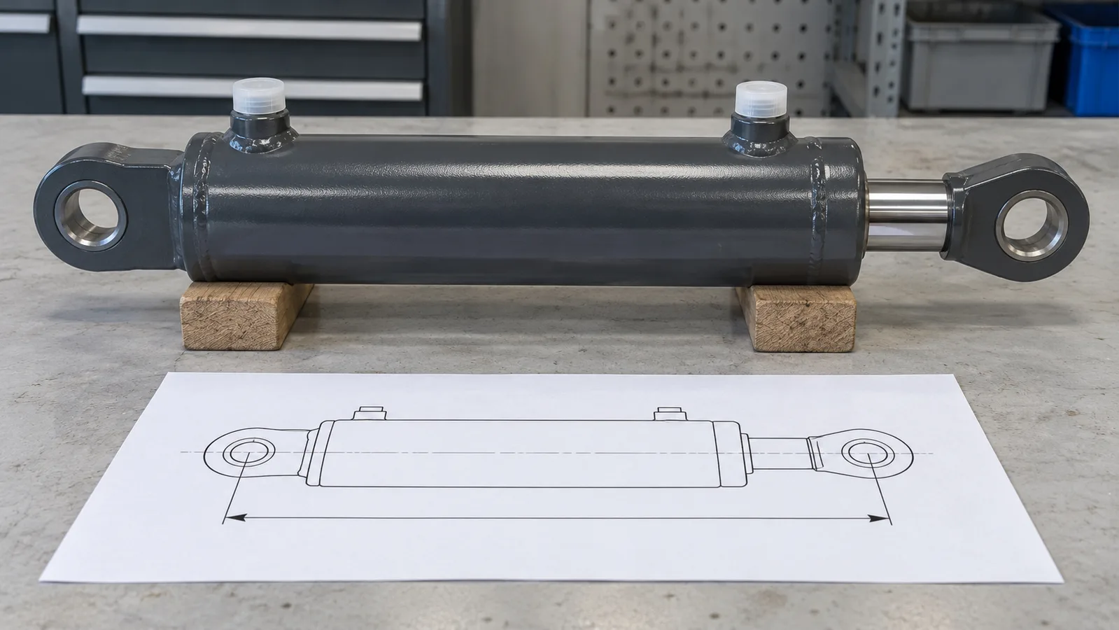 Gedemonteerde hydraulische cilinder met beschermde poorten naast een schematische montagetekening