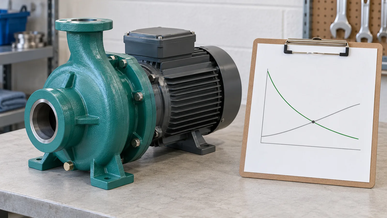 Merkloze centrifugaalwaterpomp naast een schematische stroom-hoogtegrafiek ter illustratie