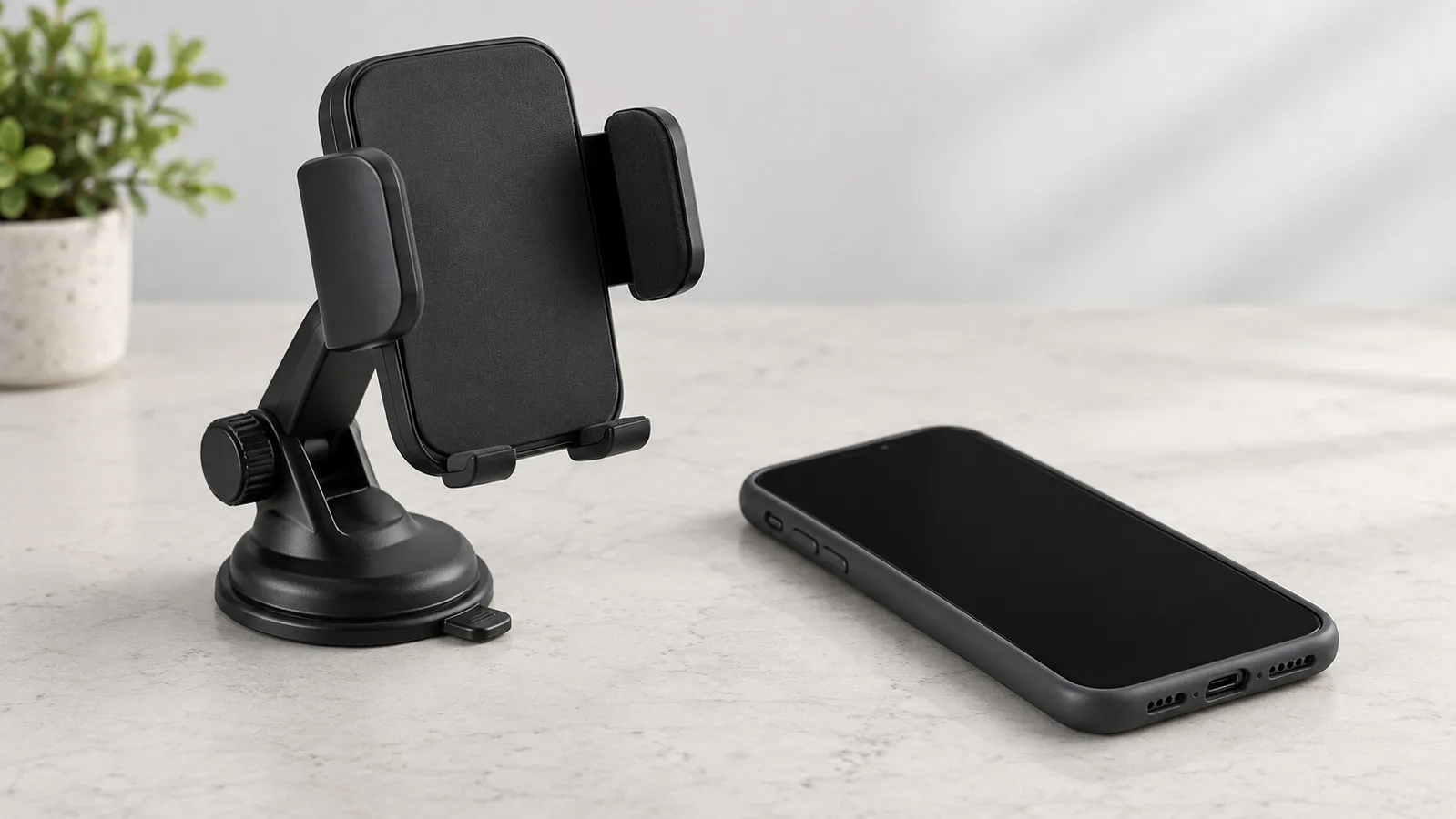Algemene telefoonhouder in klemstijl op een neutrale voorbeeldtafel naast een merkloze telefoon met hoesje