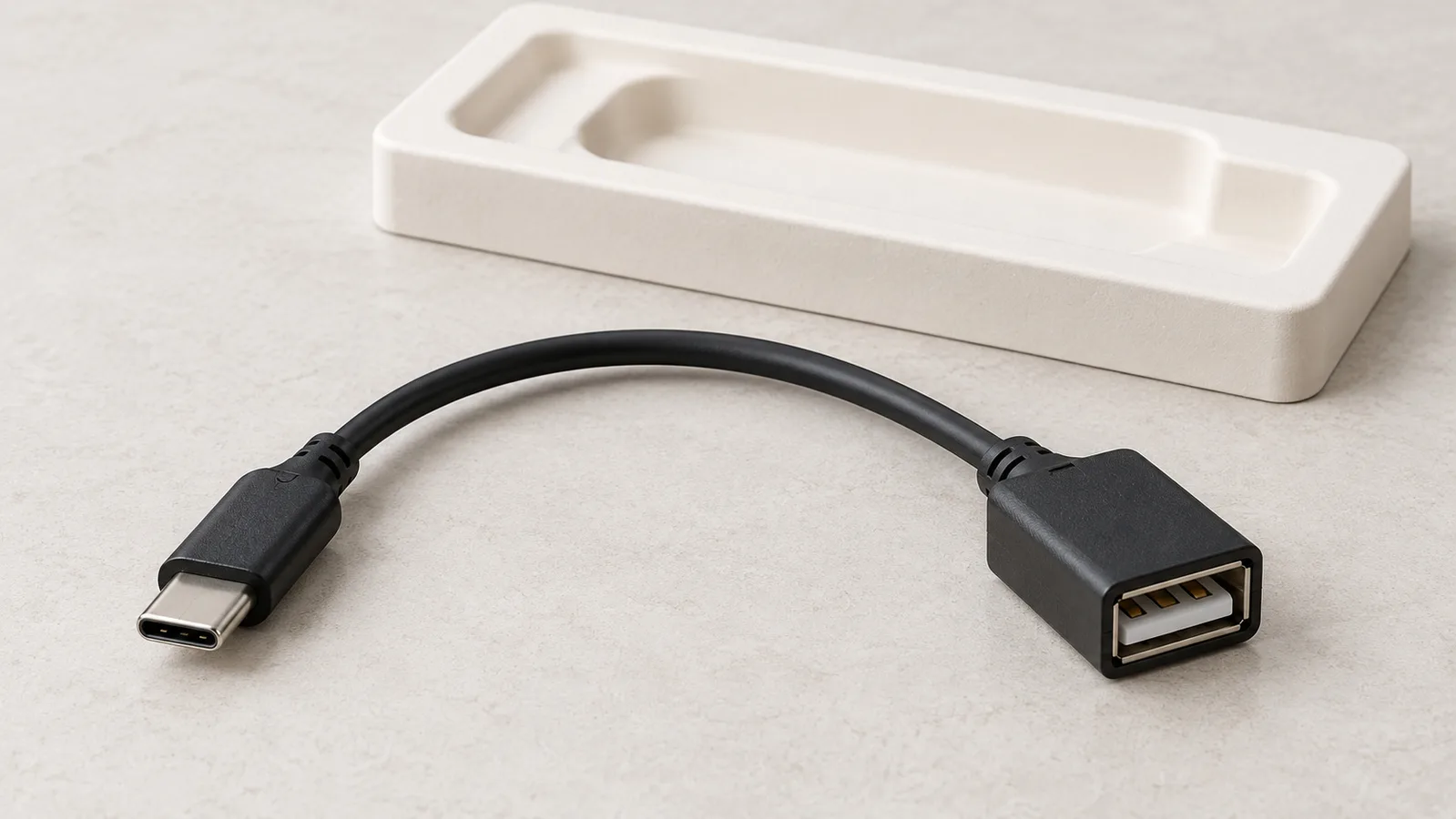 Een generieke USB-adapterkabel waarbij beide connectoruiteinden zichtbaar zijn op een neutraal inspectieoppervlak