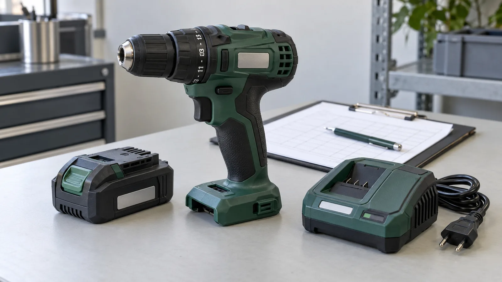 Accu-handboormachine, aparte accu en losgekoppelde oplader naast inspectiegegevens