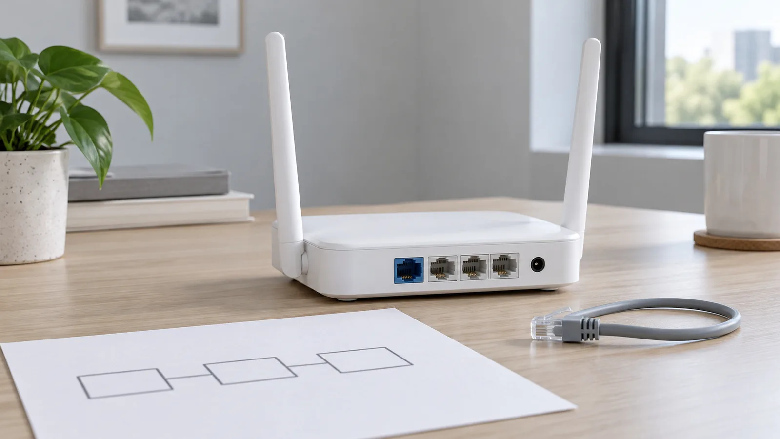 Merkloze witte desktop Wi-Fi-router met zichtbare Ethernet-poorten aan de achterkant naast een eenvoudige netwerkschets