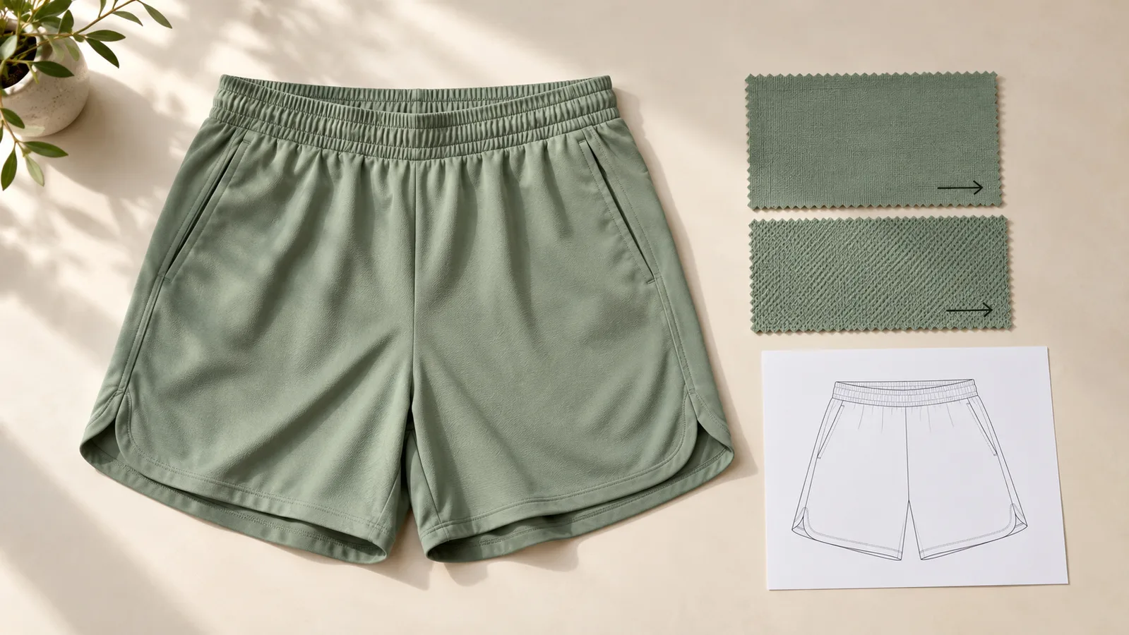 Voorbeeld van activewear-shorts naast stofstalen met gemarkeerde richting en een paneelschets