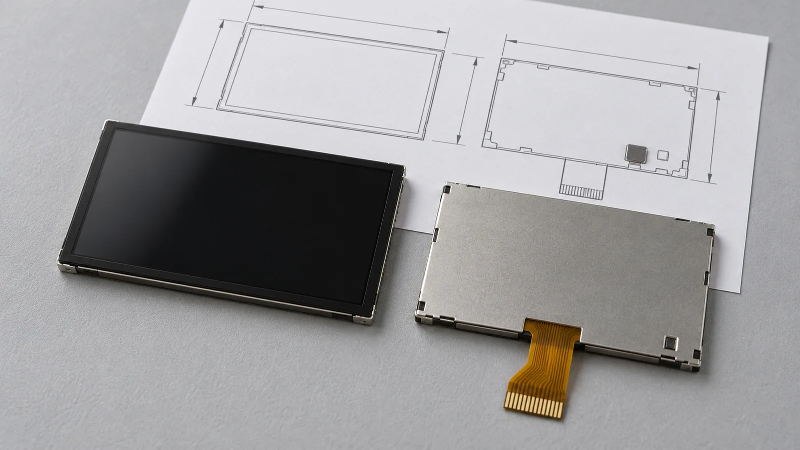 Niet-aangedreven displaymodules weergegeven van de voor- en achterkant naast een eenvoudige technische tekening