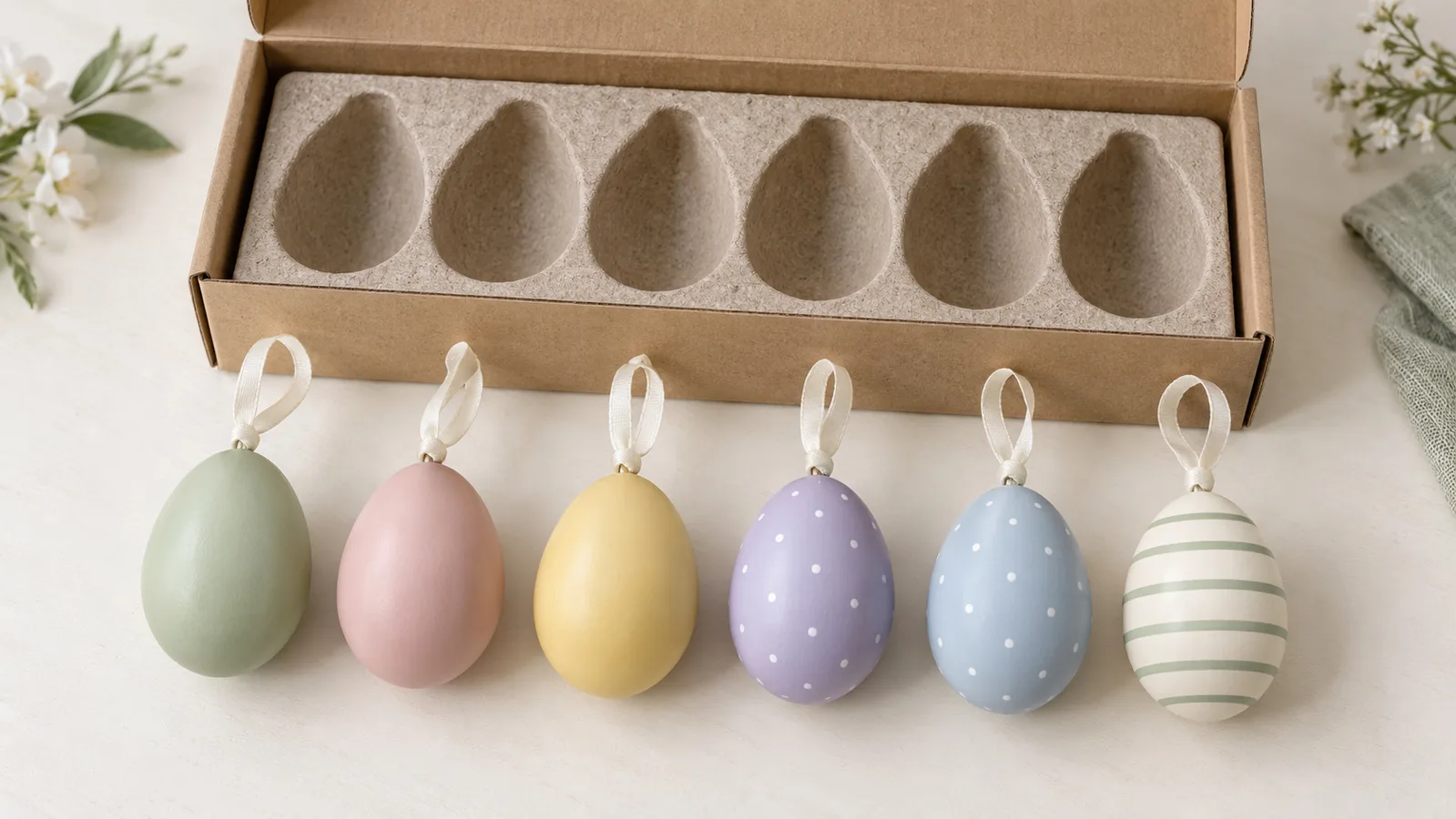 Hangende ornamenten in pastelkleurige paaseieren, gerangschikt naast hun gecompartimenteerde retailverpakkingsbakje